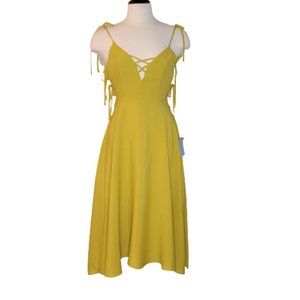 NEW, Lulus 'Flatter Yourself Dress' Chartreuse Gold Midi Tie Straps Size S